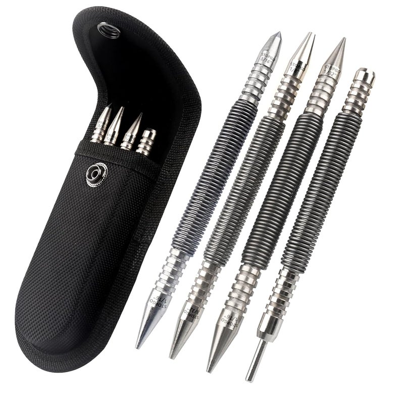 LSTOPGO Store Spring Nail Set,Dual Head Nail Setter with Size Marked,4pcs Hammerless Door Hinge Pin Removal Tool,Striking Force Spring Loaded Nail Punch（1/8-in, 3/32-in, 3/16-in, 1/16-in, 1/32-in, 1/8-in） - Image 1